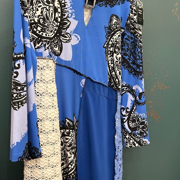 Up cycled sky, blue black-and-white, print tunic length top - Picture 2 of 4